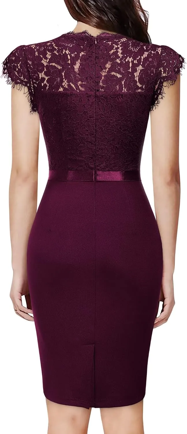 Miusol Women's Elegant Floral Lace Ruffle Design Cap Sleeve Cocktail Party Dress