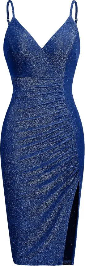 oten Women's Sexy Sparkle Dresses V Neck Spaghetti Straps Ruched Slit Bodycon Cocktail Party Midi Dress