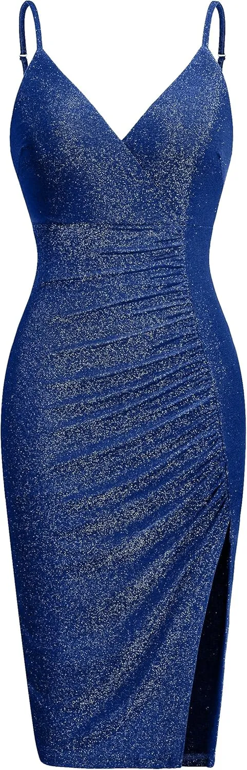 oten Women's Sexy Sparkle Dresses V Neck Spaghetti Straps Ruched Slit Bodycon Cocktail Party Midi Dress
