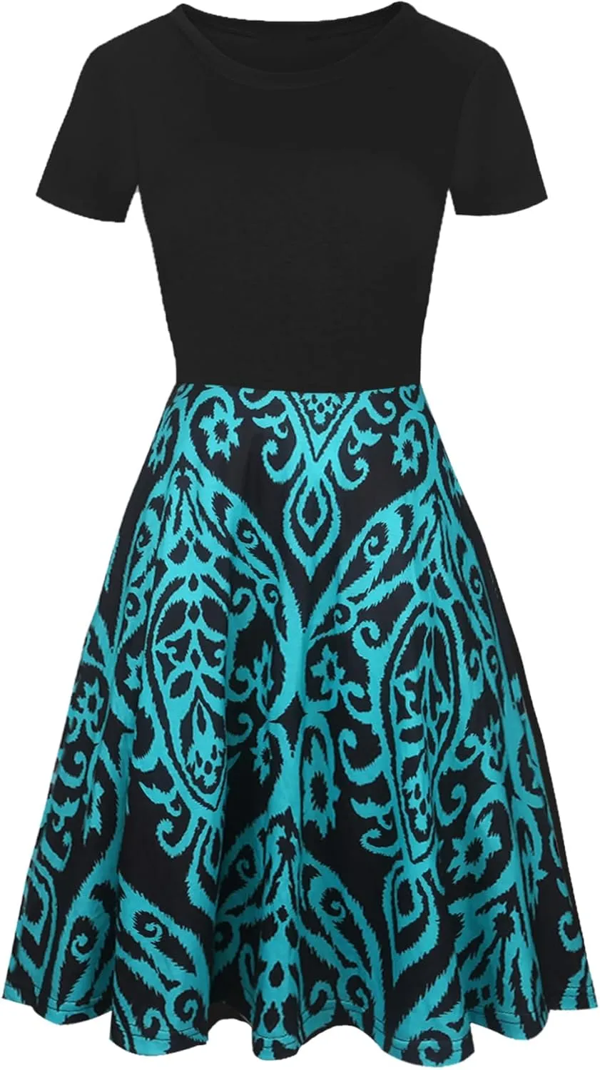 oxiuly Women Casual Dress Round Neck Soft Cotton Floral A-Line Midi Summer Dresses with Pockets OX262