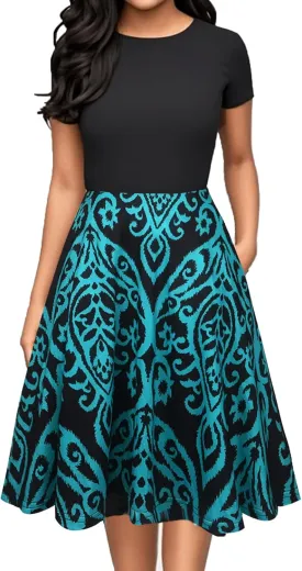oxiuly Women Casual Dress Round Neck Soft Cotton Floral A-Line Midi Summer Dresses with Pockets OX262