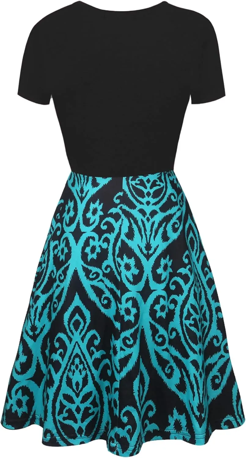 oxiuly Women Casual Dress Round Neck Soft Cotton Floral A-Line Midi Summer Dresses with Pockets OX262