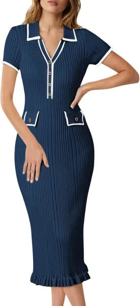 Pink Queen Women's Elegant Bodycon Dress 2025 Short Sleeve V Neck Half Button Cocktail Party Ribbed Knit Long Sweater Dress