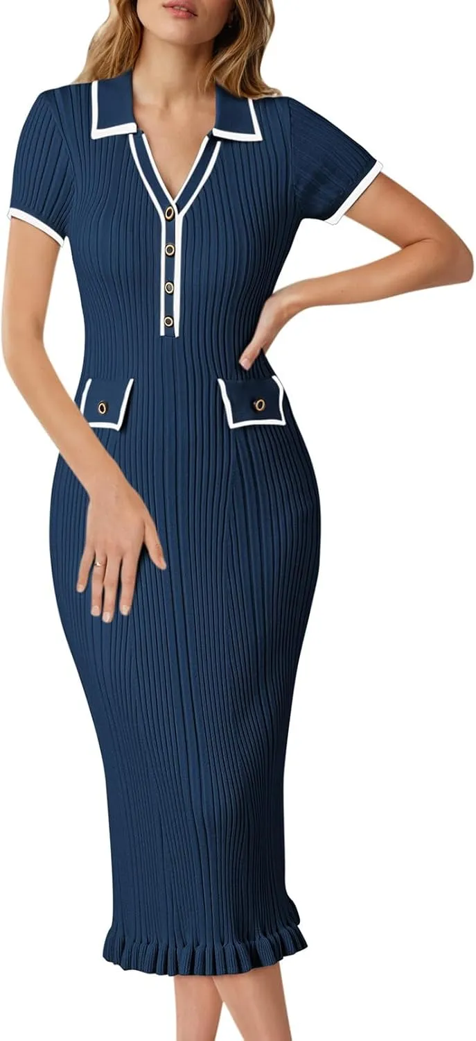 Pink Queen Women's Elegant Bodycon Dress 2025 Short Sleeve V Neck Half Button Cocktail Party Ribbed Knit Long Sweater Dress