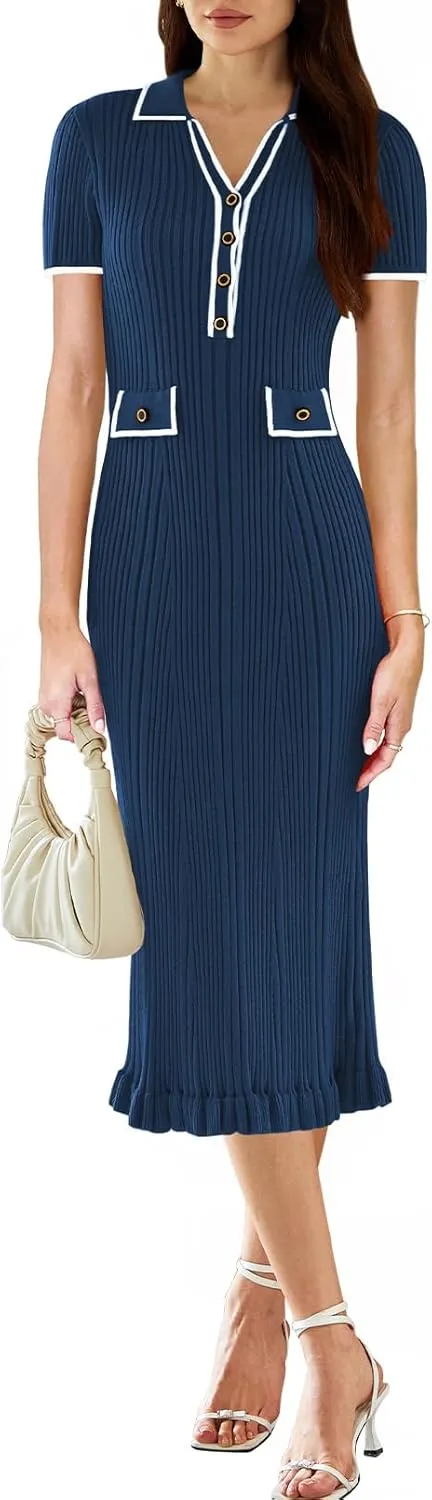 Pink Queen Women's Elegant Bodycon Dress 2025 Short Sleeve V Neck Half Button Cocktail Party Ribbed Knit Long Sweater Dress