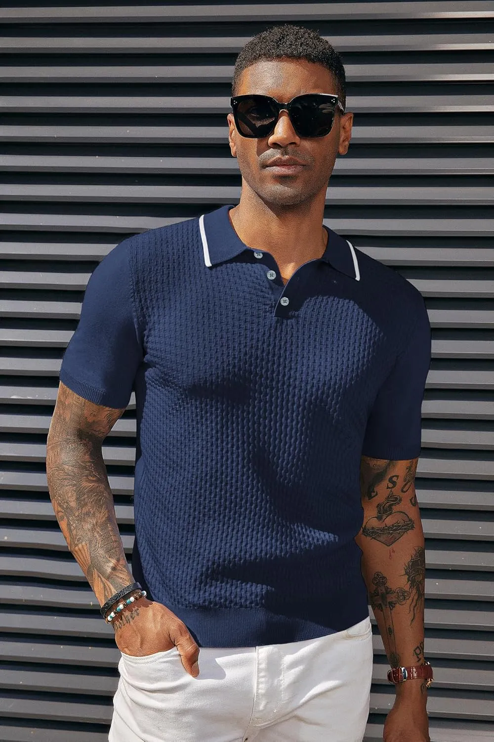 PJ PAUL JONES Men's Short Sleeve Knit Polo Shirts Waffle Texture Knit Shirt