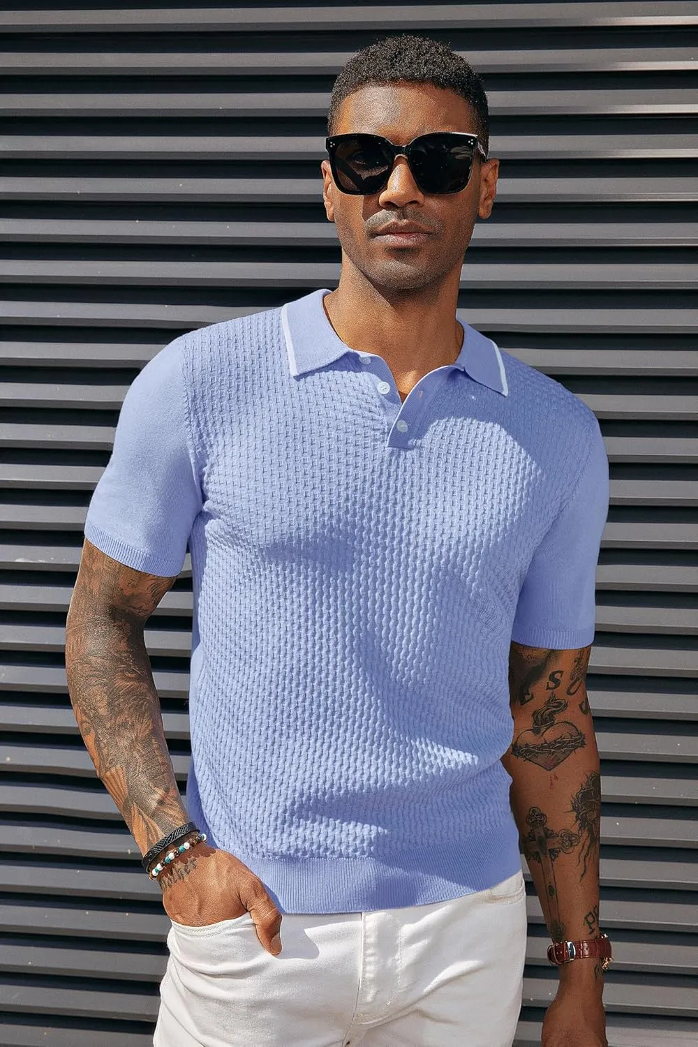 PJ PAUL JONES Men's Short Sleeve Knit Polo Shirts Waffle Texture Knit Shirt