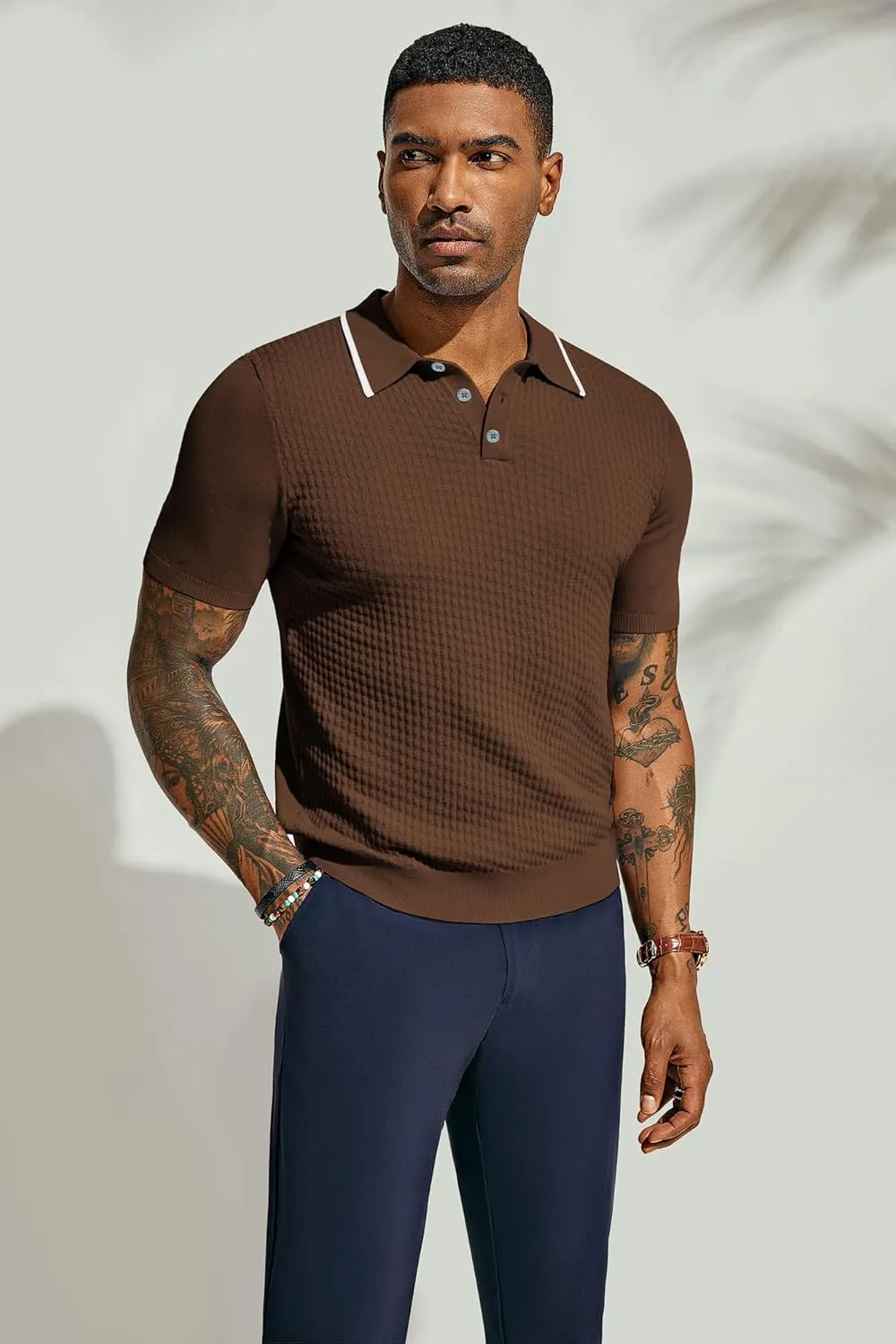 PJ PAUL JONES Men's Short Sleeve Knit Polo Shirts Waffle Texture Knit Shirt