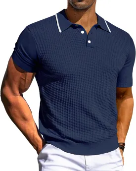 PJ PAUL JONES Men's Short Sleeve Knit Polo Shirts Waffle Texture Knit Shirt