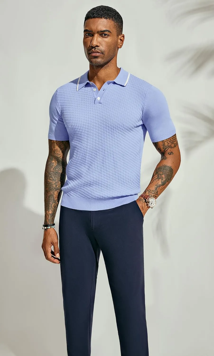 PJ PAUL JONES Men's Short Sleeve Knit Polo Shirts Waffle Texture Knit Shirt