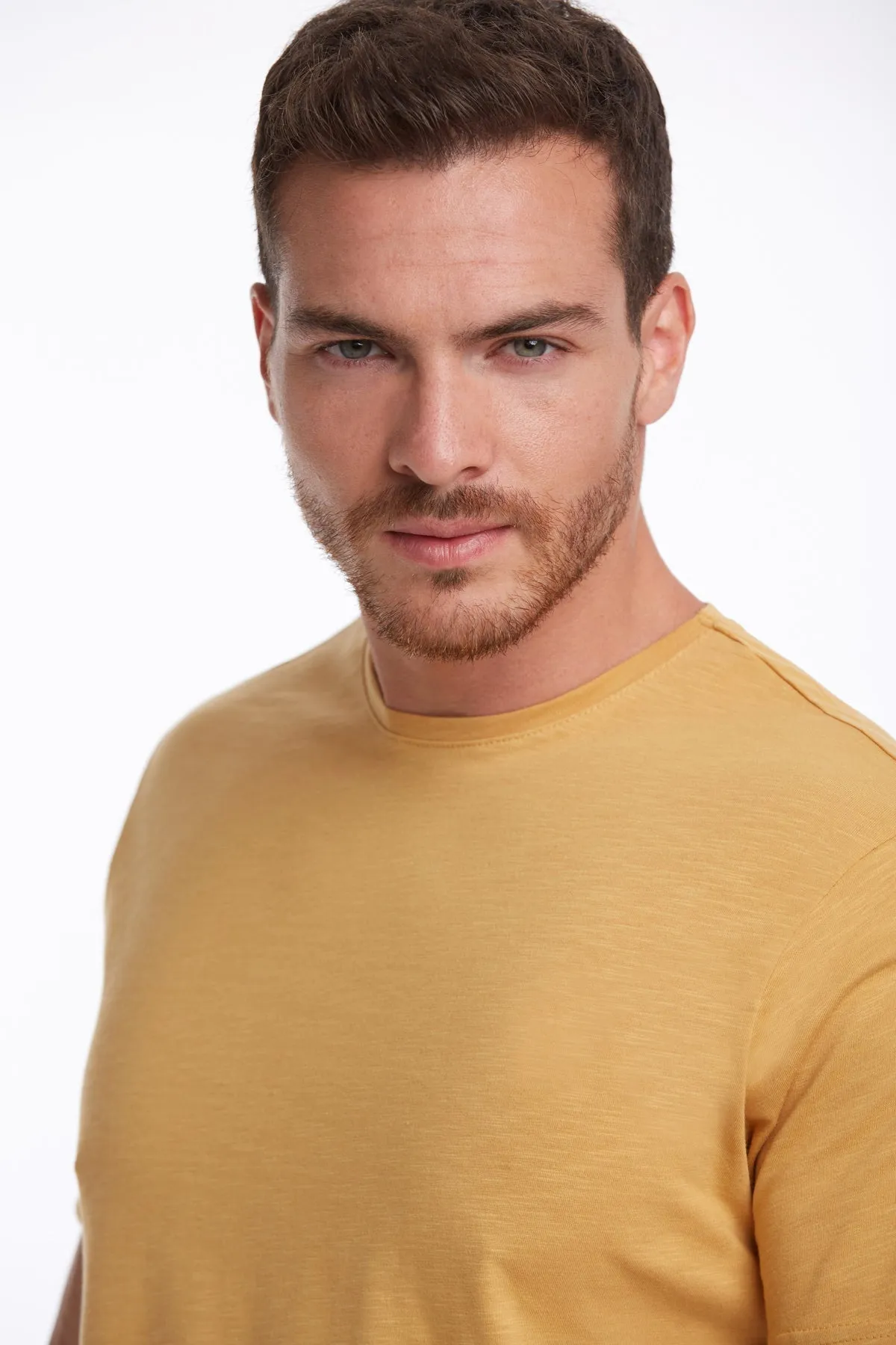 Slim Fit Basic Cotton Mustard Crew Neck T-Shirt