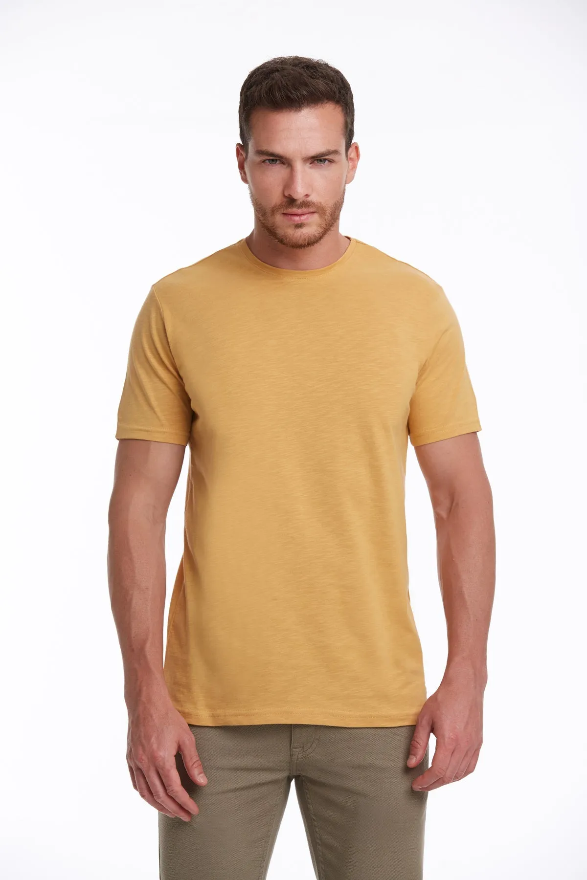 Slim Fit Basic Cotton Mustard Crew Neck T-Shirt