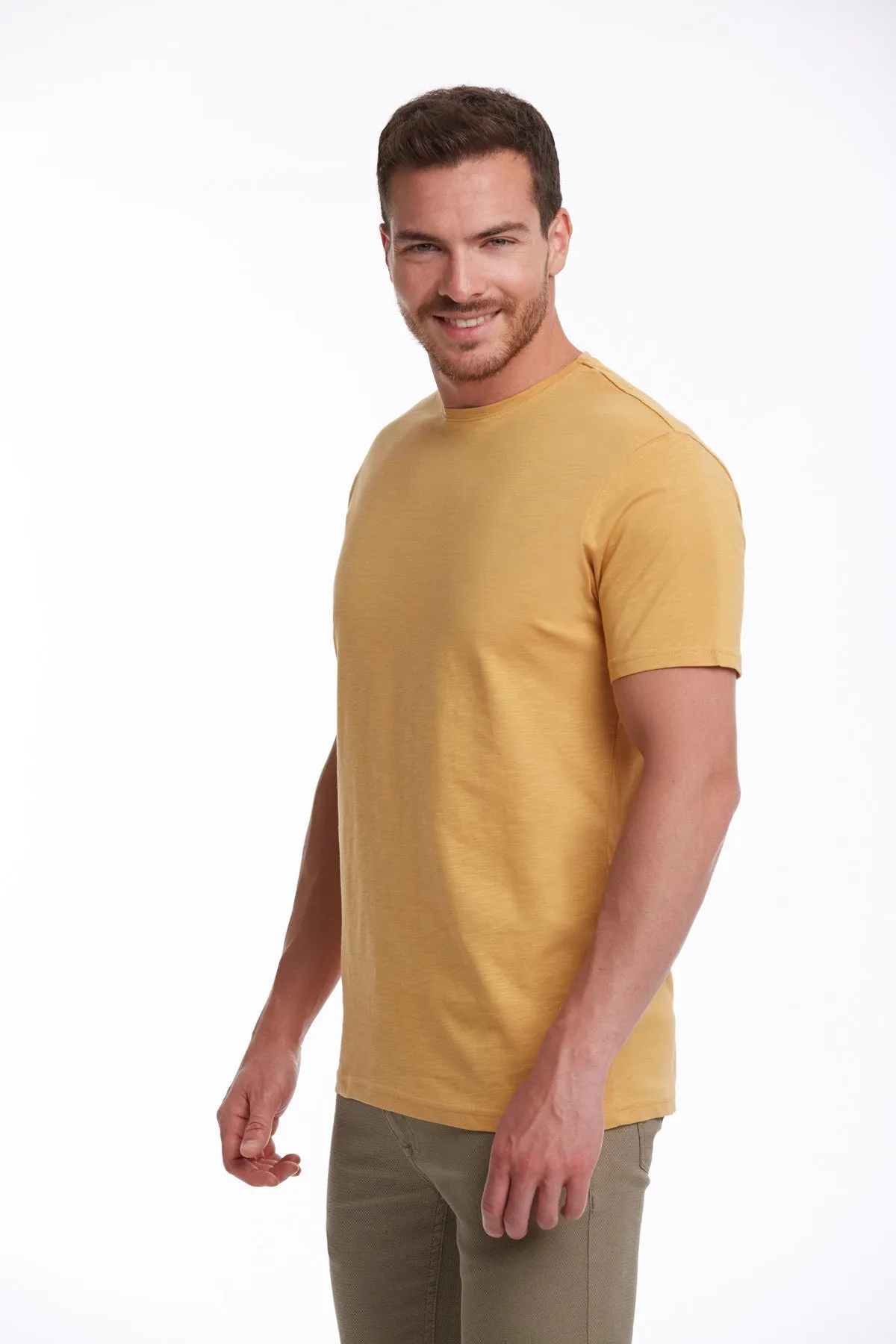 Slim Fit Basic Cotton Mustard Crew Neck T-Shirt