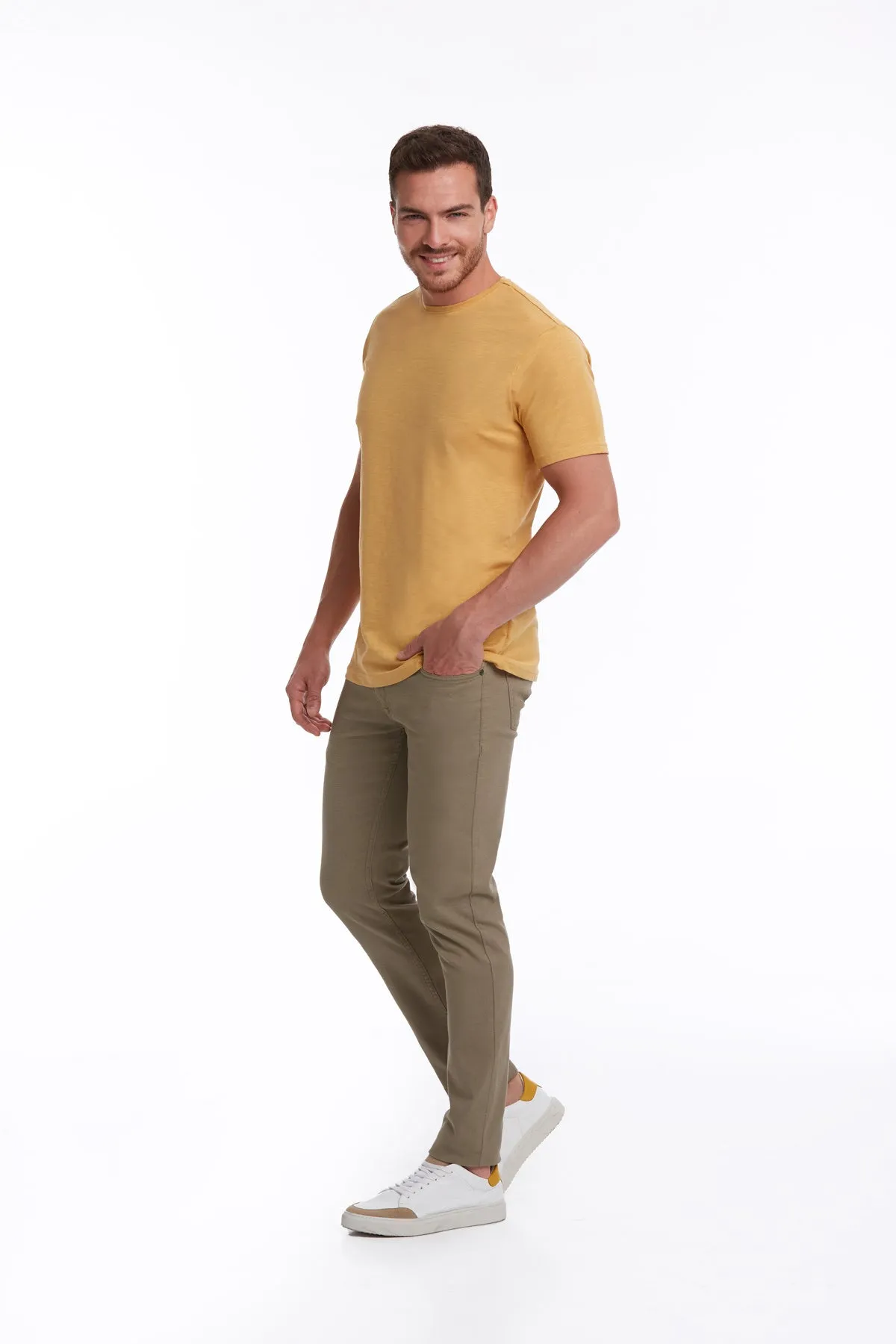 Slim Fit Basic Cotton Mustard Crew Neck T-Shirt
