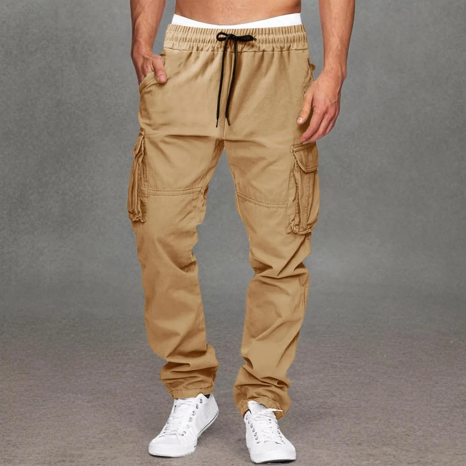 THWEI Cargo Pants for Men Casual Cotton Drawstring Lightweight Relaxed Fit Work Pants Multi Pockets