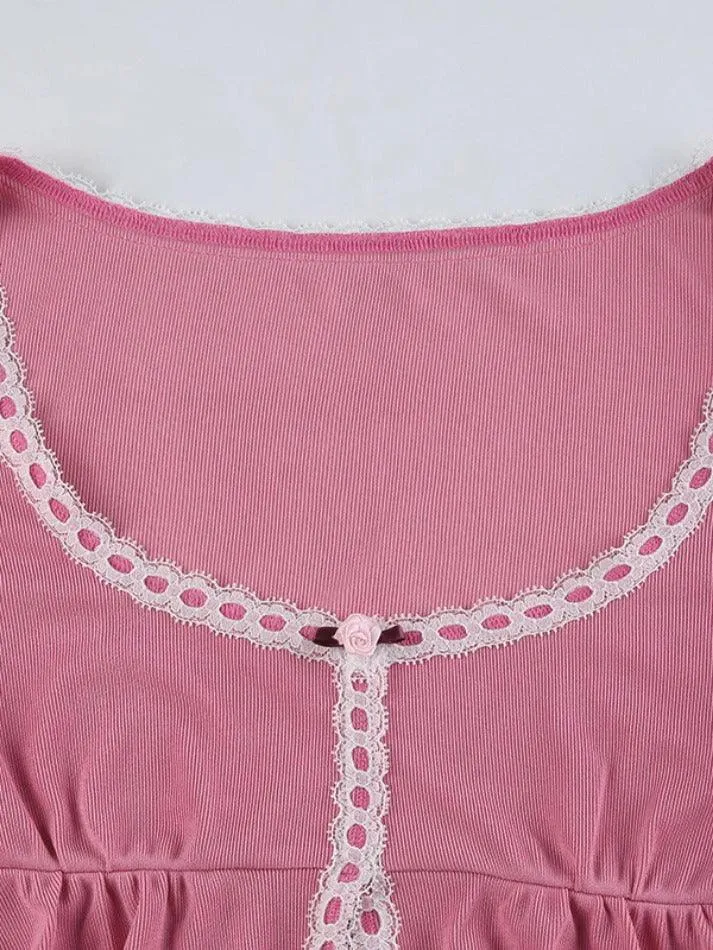 Uniwim ootd Lace Trim U Neck Slit Cropped Long Sleeve Blouse