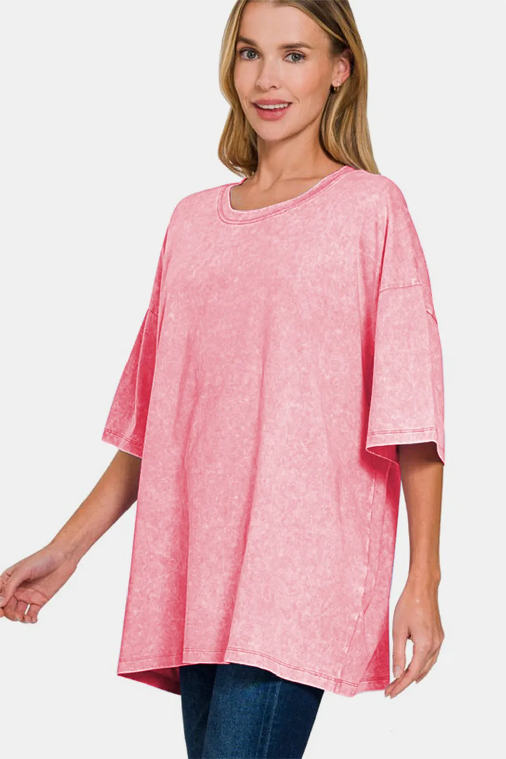 Washed Round Neck Drop Shoulder Oversized T-Shirt - Pink
