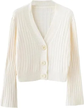 Women's Long Sleeve V-Neck Cardigan Sweater Casual Ribbed Knit Flare Sleeve Outwear