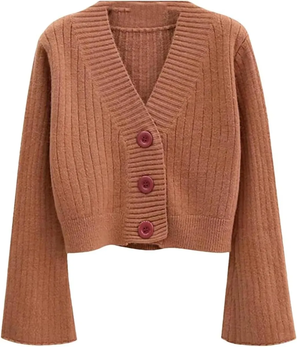 Women's Long Sleeve V-Neck Cardigan Sweater Casual Ribbed Knit Flare Sleeve Outwear
