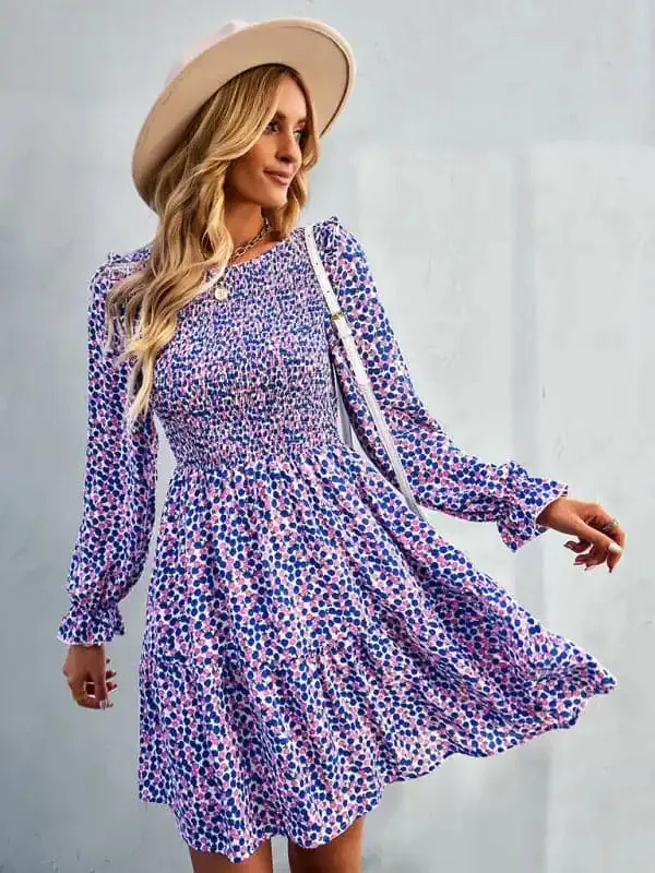 Women’s round neck long sleeve versatile Floral Dress