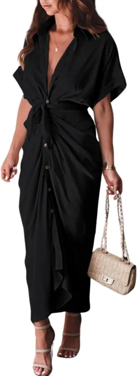 Women's Swing Classic Cute Maxi Ruched Breathable Shirt Dresses Bownot Slim Fitted Dress