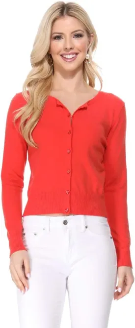 YEMAK Women's Cropped Cardigan Sweater  Long Sleeve Crewneck Basic Classic Casual Button Down Knit Soft Lightweight Top