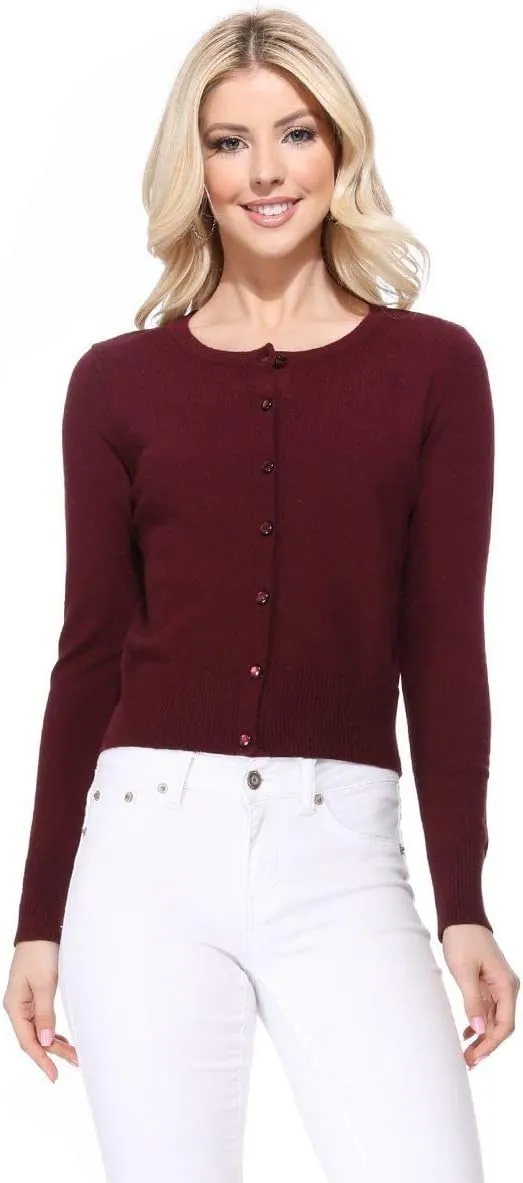 YEMAK Women's Cropped Cardigan Sweater  Long Sleeve Crewneck Basic Classic Casual Button Down Knit Soft Lightweight Top