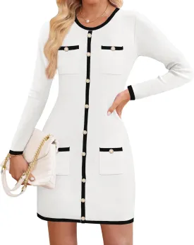 ZESICA Fall Dresses for Women 2025 Long Sleeve Button Color Block Knit Bodycon Short Sweater Dresses with Pockets