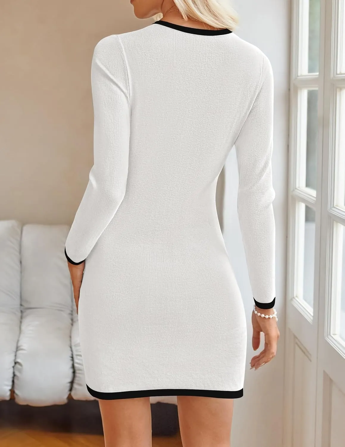 ZESICA Fall Dresses for Women 2025 Long Sleeve Button Color Block Knit Bodycon Short Sweater Dresses with Pockets